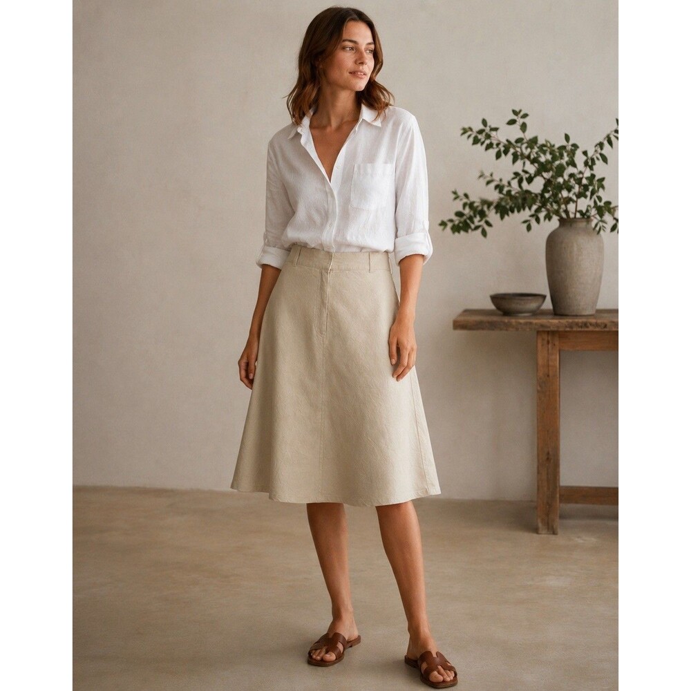 Orvis Linen Skirt Womens 8 Linen Tan A Line Knee Length Coastal Classic